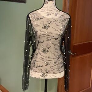 Elegant Black Sheer Top with Pearl Accents NEW WITH TAGS!